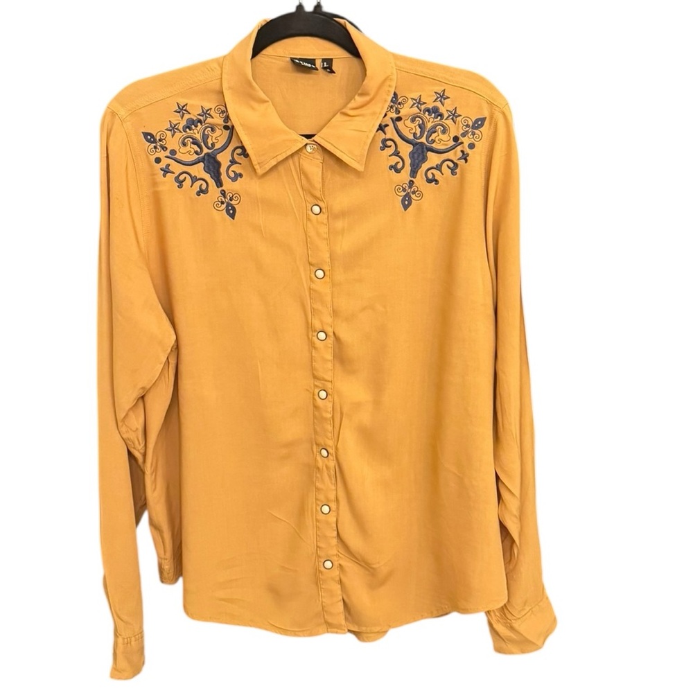 Cruel Girl Embroidered Western Button Down in Camel and Denim Blue
